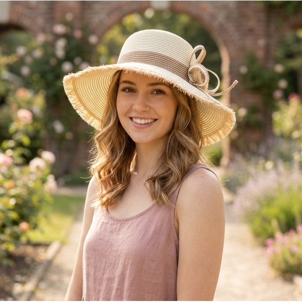 Wide Brim Hat w/ Frill Trim & Matching Flower - Ivory - HT-H2275IV